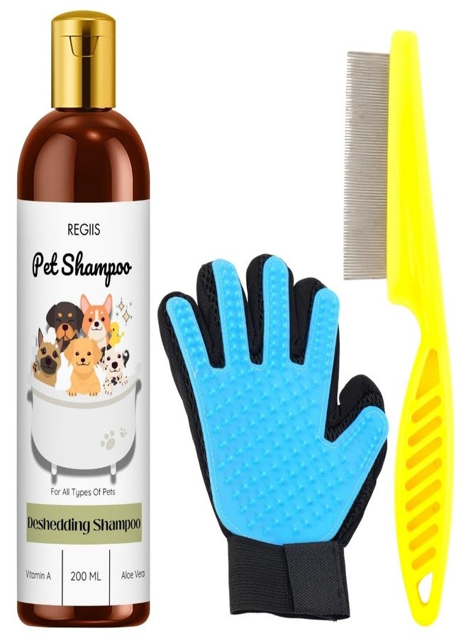 شامبو ريجيس لإزالة الشعر الزائد للحيوانات الأليفة مع قفاز ومشط للتنظيف، 200 مل، تركيبة غنية بفيتامين أ والصبار، لجميع أنواع الكلاب والقطط - Image 1